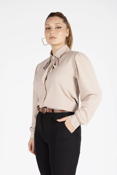 Kadın Bağlamalı Gömlek Vizon - 3