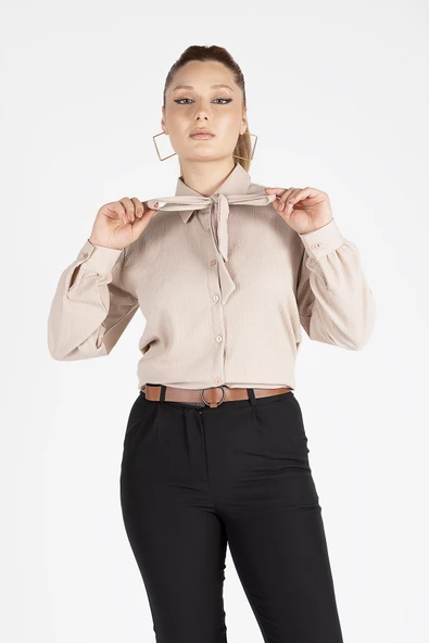 Kadın Bağlamalı Gömlek Vizon - 2