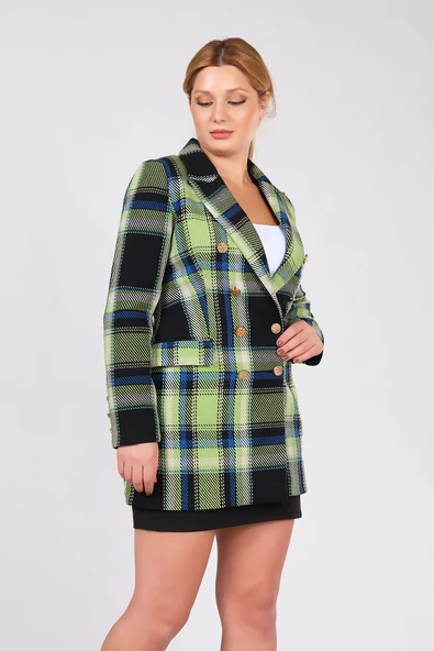 Kadın Metal Düğme Detay Ekose Desenli Ceket Yeşil - 5