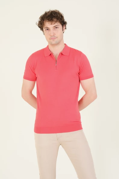 Erkek Yarım Fermuarlı Polo Yaka Merserize T-Shirt Mercan