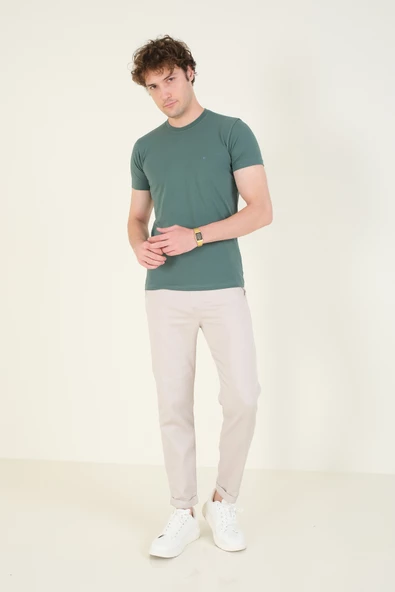 Erkek Sıfır Yaka Basic T-Shirt Yeşil - 5