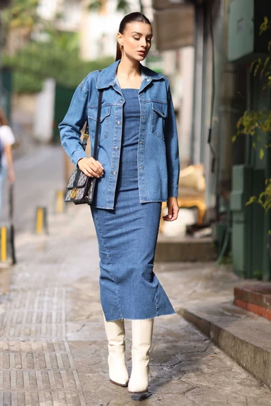 Kadın Çift Cep Oversize Kot Ceket Mavi - 3