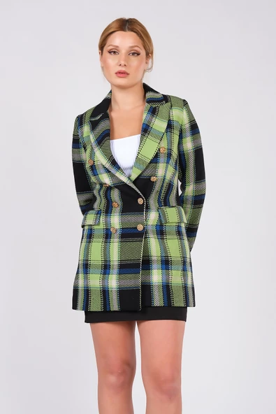 Kadın Metal Düğme Detay Ekose Desenli Ceket Yeşil - 4