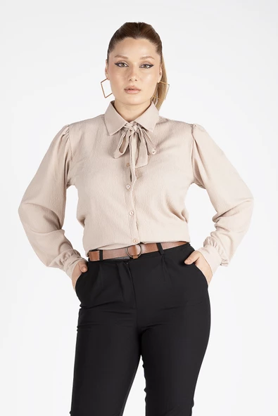 Kadın Bağlamalı Gömlek Vizon