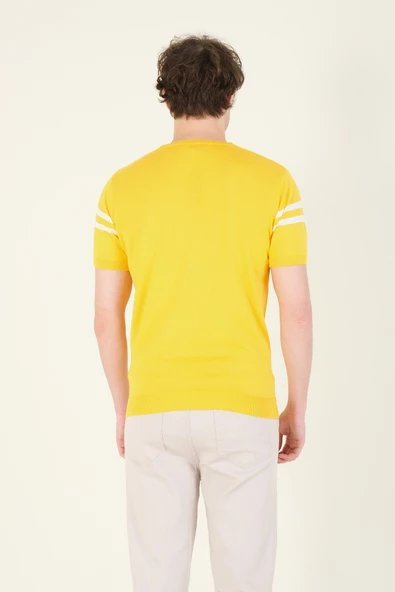 Erkek Sıfır Yaka Çizgili Merserize T-Shirt Sarı - 6