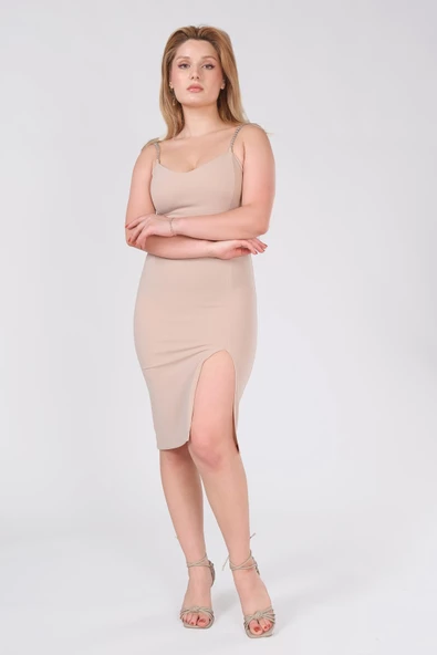 Kadın Zincir Askılı Kalem Elbise Vizon - 2