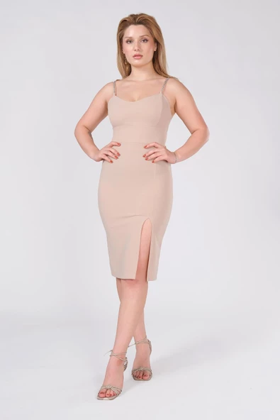 Kadın Zincir Askılı Kalem Elbise Vizon