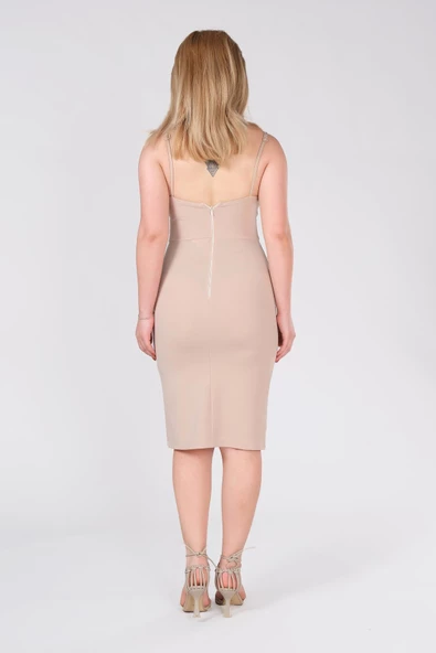 Kadın Zincir Askılı Kalem Elbise Vizon - 5