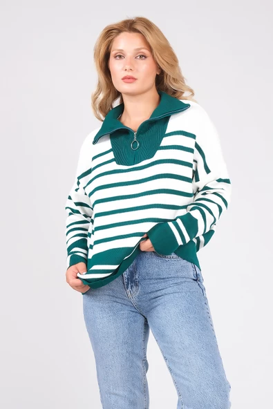 Kadın Dik Yaka Yarım Fermuarlı Çizgili Triko Kazak Zümrüt - 2