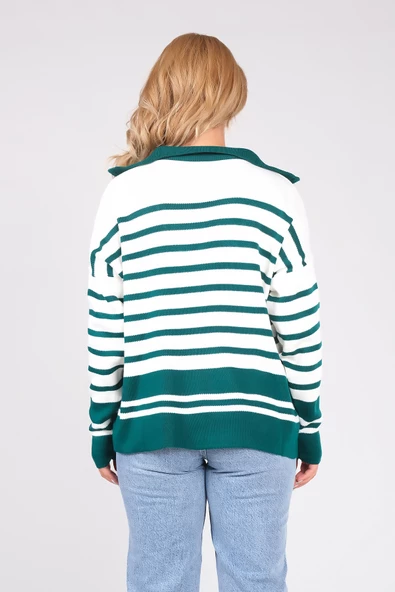 Kadın Dik Yaka Yarım Fermuarlı Çizgili Triko Kazak Zümrüt - 6