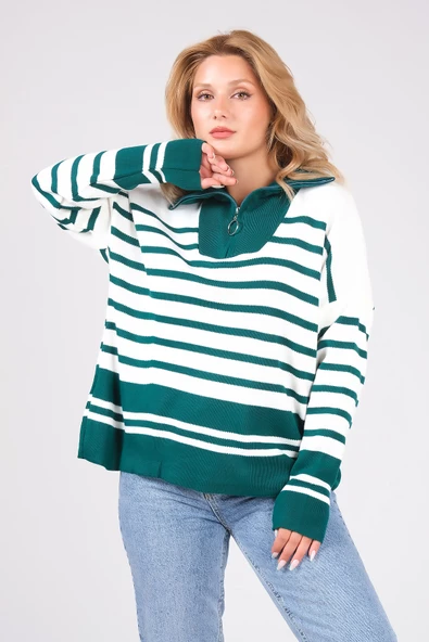 Kadın Dik Yaka Yarım Fermuarlı Çizgili Triko Kazak Zümrüt - 4