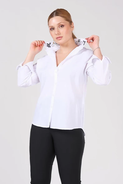 Kadın Yaka İşlemeli Gömlek Beyaz - 5