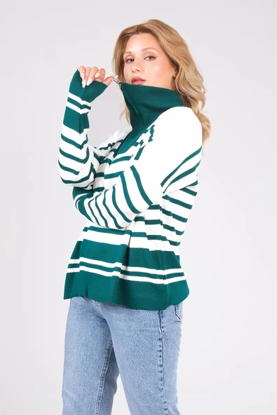 Kadın Dik Yaka Yarım Fermuarlı Çizgili Triko Kazak Zümrüt - 5