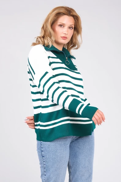 Kadın Dik Yaka Yarım Fermuarlı Çizgili Triko Kazak Zümrüt - 3