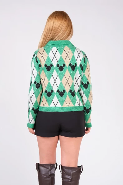 Kadın Polo Yaka Baklava Desen Triko Hırka Yeşil - 6