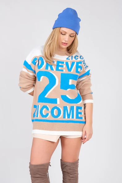 Kadın Forever Yazılı Oversize Triko Kazak Camel - Resim 3