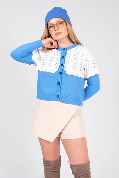 Kadın Çift Renk Triko Hırka Mavi - 3