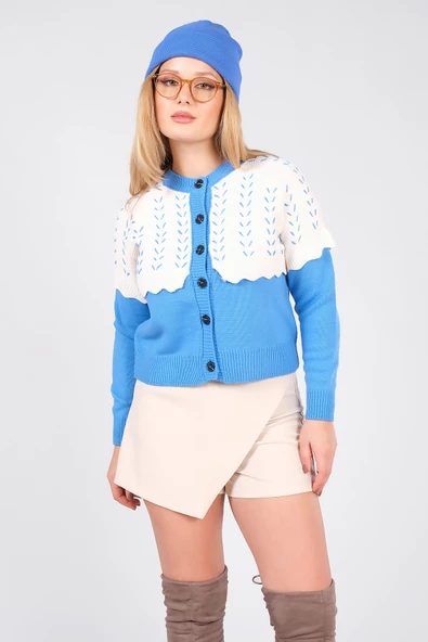 Kadın Çift Renk Triko Hırka Mavi