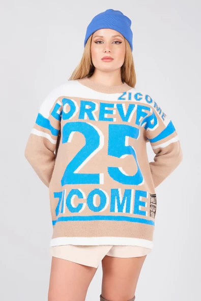 Kadın Forever Yazılı Oversize Triko Kazak Camel - Resim 5