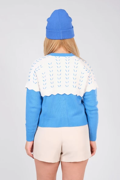 Kadın Çift Renk Triko Hırka Mavi - 6