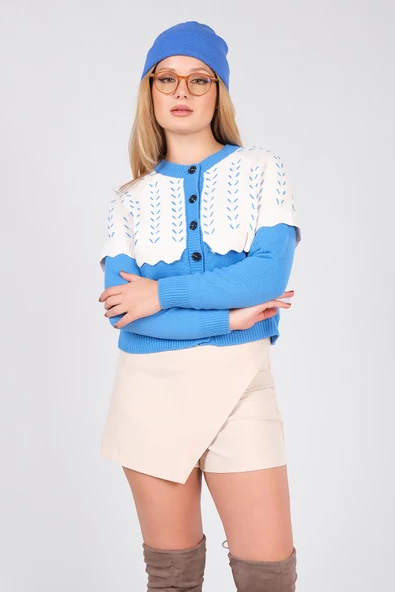 Kadın Çift Renk Triko Hırka Mavi - 4