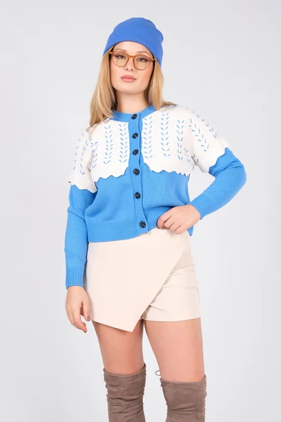 Kadın Çift Renk Triko Hırka Mavi - 2