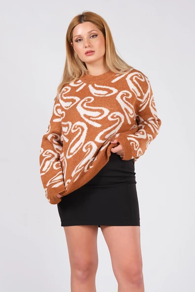 Kadın Oversize Triko Kazak Taba - 5