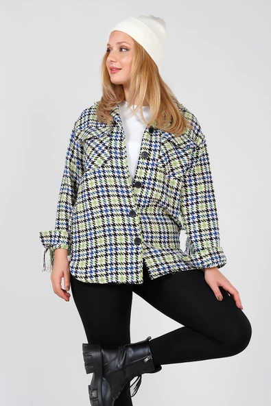 Kadın Kazayağı Desenli Saçaklı Çift Cep Tüvit Kumaş Gömlek Saks Mavi - 3