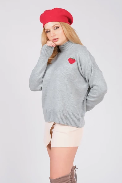 Kadın Çilek İşlemeli Dik Yaka Oversize Kazak Su Yeşili - 4