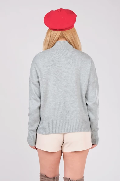 Kadın Çilek İşlemeli Dik Yaka Oversize Kazak Su Yeşili - 6