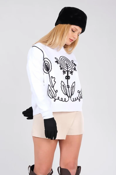 Kadın Nakış İşlemeli Oversize Kazak Ekru - 3