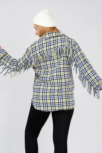 Kadın Kazayağı Desenli Saçaklı Çift Cep Tüvit Kumaş Gömlek Saks Mavi - 6