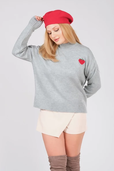 Kadın Çilek İşlemeli Dik Yaka Oversize Kazak Su Yeşili - 5