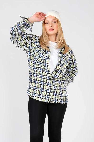 Kadın Kazayağı Desenli Saçaklı Çift Cep Tüvit Kumaş Gömlek Saks Mavi - 5