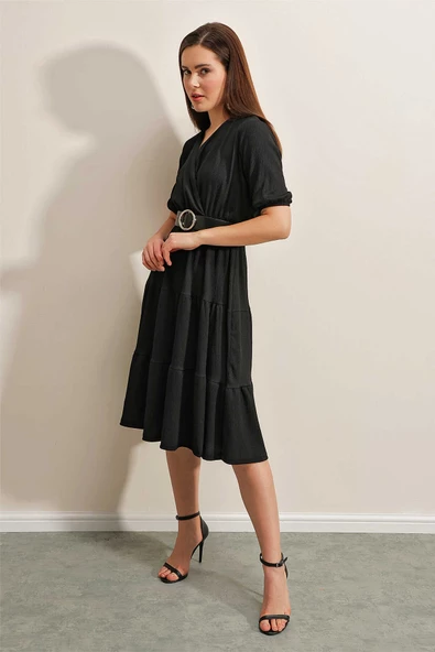 Kadın Kemerli Kruvaze Elbise Siyah - 4