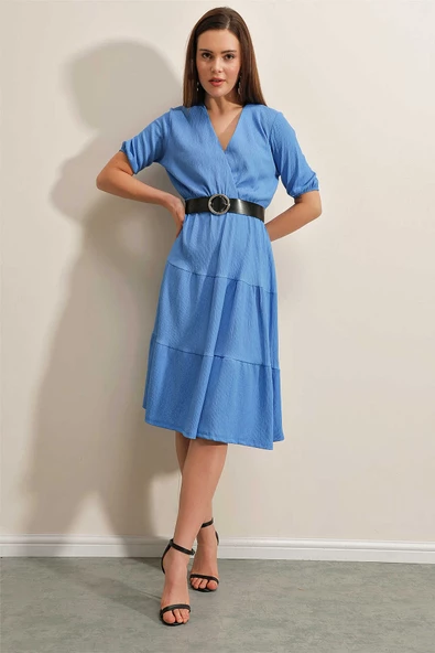 Kadın Kemerli Kruvaze Elbise Mavi - 2