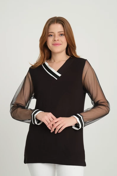 Kadın V Yaka Kol Tül Detaylı Bluz Siyah - 2