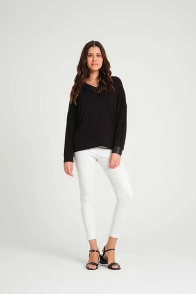 Kadın V Yaka Oversize Bluz Siyah - 5