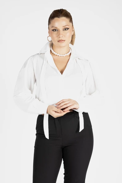 Kadın Bağlamalı Gömlek Ekru - 2