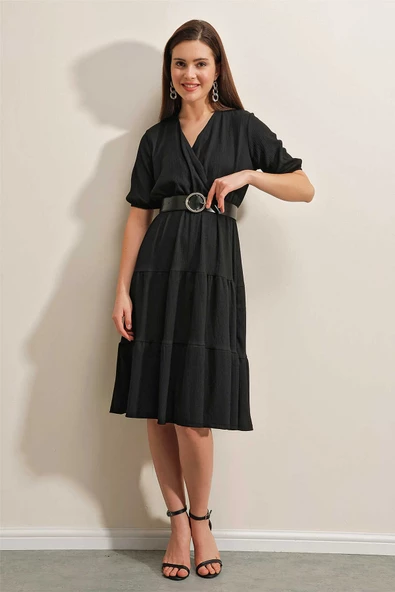 Kadın Kemerli Kruvaze Elbise Siyah - 2