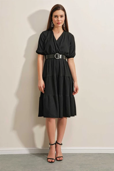 Kadın Kemerli Kruvaze Elbise Siyah