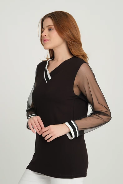 Kadın V Yaka Kol Tül Detaylı Bluz Siyah - 3