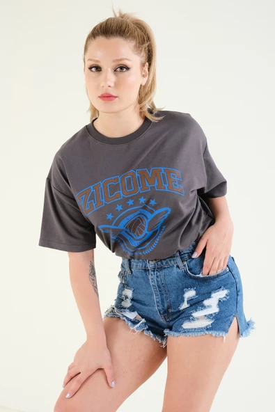 Kadın Baskılı Oversize T-Shirt Antrasit - 4