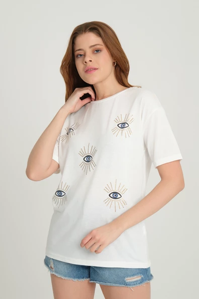Kadın Göz Baskılı T-Shirt Ekru