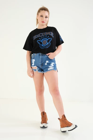 Kadın Baskılı Oversize T-Shirt Siyah - 3