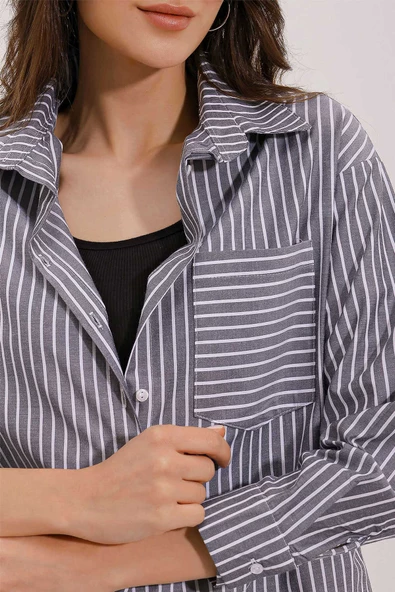 Kadın Tek Cep  Çizgili Oversize Gömlek Gri - 4