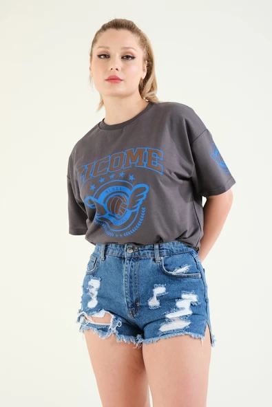 Kadın Baskılı Oversize T-Shirt Antrasit - 2