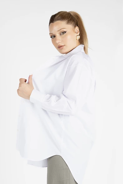 Kadın Oversize Gömlek Beyaz - 4