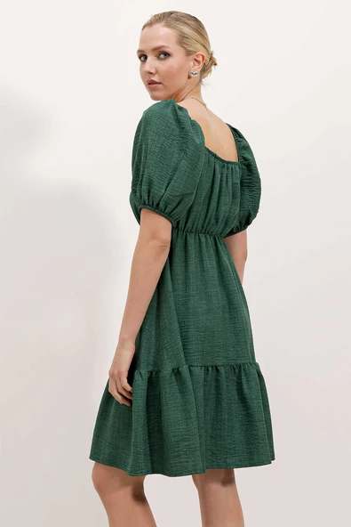 Kadın Balon Kol Kare Yaka Elbise Zümrüt - 4