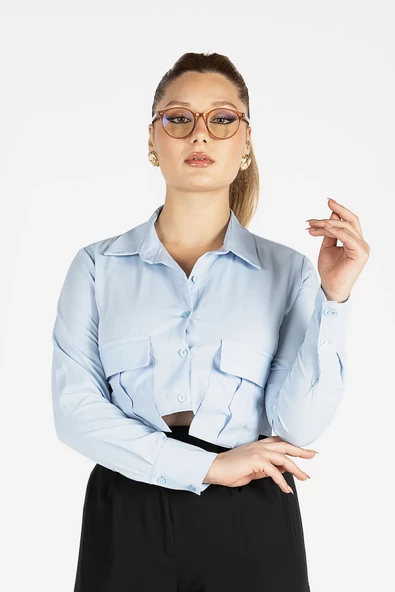 Kadın Crop Gömlek Mavi - 2